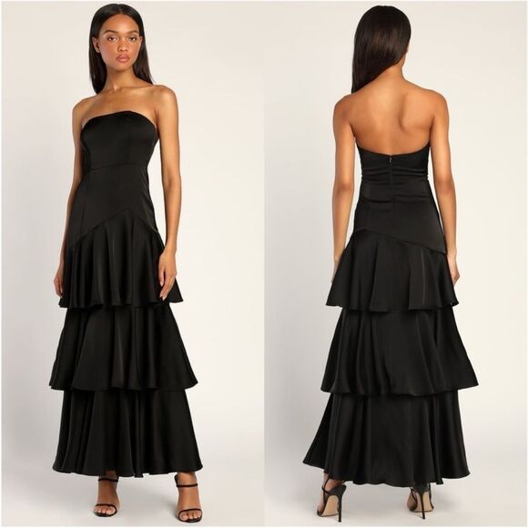 NWT Lulu’s Blissfully Beautiful Black Satin Strapless Tiered Maxi Dress Size XL - Picture 1 of 7